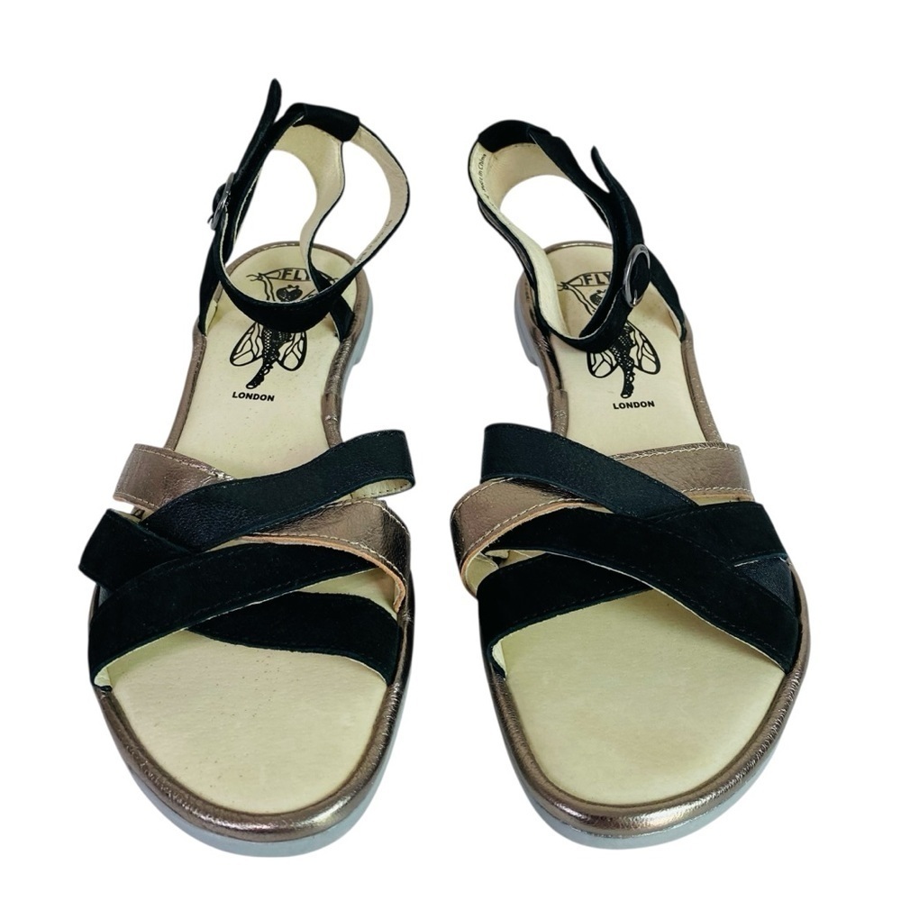 Fly London Cune Leather Black/Bronze Multi Strap Sandals Size 10.5/11